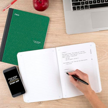 Five Star Composition Book + Study App, 4 Pack, College Ruled Paper, 7-1/2" x 9-3/4", 80 Sheets, Forest Green, Pacific Blue, Fire Red and Black (850065B-ECM) - size: 4 Pack, style: College Ruled