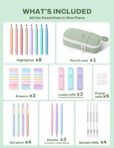 SUNEE 35PCS Aesthetic Stationery Set with Cute Pencil Case, Pastel Highlighters, Black Gel Pens, Mechanical Pencils & Refills, College School Supplies for Students Girls Green - color: Green, style: 35 Pack