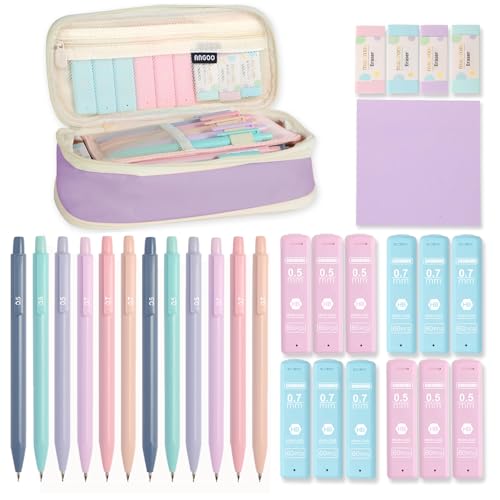 Aesthetic School Supplies with Cute Pencil Case, 12x Pastel Mechanical Pencils 0.5 & 0.7mm with 720x HB Leads, 4x Erasers and 1x Sticky Note, Suitable for Writing, Drafting Drawing Sketching(purple) - color: Purple