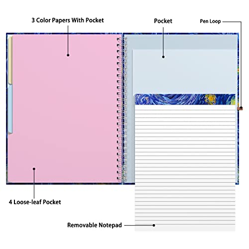 Rimilak Spiral Clipboard Folio with Refillable Lined Notepad, 14.5 x 9.8 In, Hardcover Cover with 5 Interior Pockets, Elastic Band and Pen Loop Series. Cute Stylish Clipfolio, Starry Sky - color: Van Gogh Starry Sky