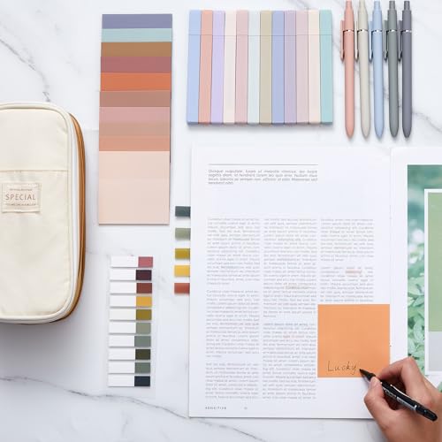 Jutom 39 Pcs Aesthetic Book Annotation Kit Highlighter with Case Bag Gel Pen Transparent Sticky Note Taking Bible Supplies(Khaki,Cute Style) - color: Khaki, style: Cute Style