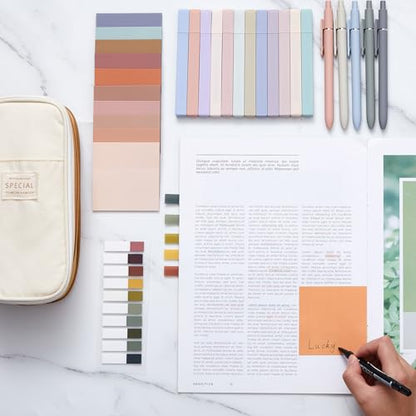 Jutom 39 Pcs Aesthetic Book Annotation Kit Highlighter with Case Bag Gel Pen Transparent Sticky Note Taking Bible Supplies(Khaki,Cute Style) - color: Khaki, style: Cute Style
