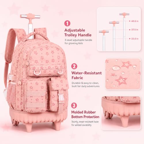 WZLVO 3PCS Rolling School Backpack, Water Resistance Girls Roller Bookbag, Women Aesthetic Wheeled Bag Set with Lunch Box & Pencil Bag for Teens & Kids - Pink Star - color: 3pcs Girls Rolling Backpack - Pink Star
