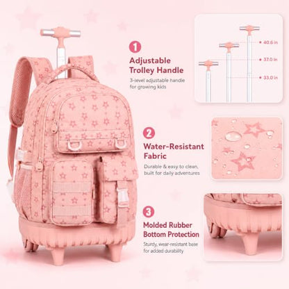 WZLVO 3PCS Rolling School Backpack, Water Resistance Girls Roller Bookbag, Women Aesthetic Wheeled Bag Set with Lunch Box & Pencil Bag for Teens & Kids - Pink Star - color: 3pcs Girls Rolling Backpack - Pink Star
