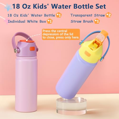18 OZ Water Bottle for Kids, Stainless Steel Double Insulated Sports Water Bottle, Leak Proof Straw Cup for School, Gifts and Travel, BPA Free (Light Purple)