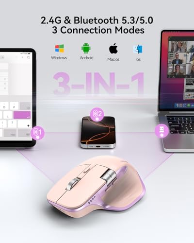 TECKNET Wireless Mouse, Bluetooth Mouse (BT5.3/5.0 & 2.4G) Rechargeable Ergonomic Optical Mouse with 6 Adjustable DPI, Side Scroll, USB A Receiver, 7 Buttons, Wide Compatibility - Pink & Purple - color: Pink & Purple