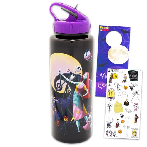 Disney The Nightmare Before Christmas Reusable Water Bottle Set Bundle 30 Oz Plastic Water Bottle with Spout for Home, School, Sports Plus Sticker, and More | Jack Skellington Container