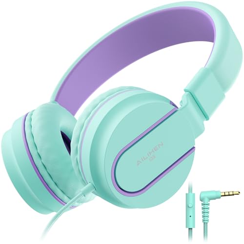 Kids Headphones, AILIHEN I35 On-Ear Headphones for School, 93dB HD Mic Stereo Headphone for Kid Girls Children, Foldable Wired 3.5mm for Chromebook, Laptop, Computer, Tablet (Green Purple) - color: Blue