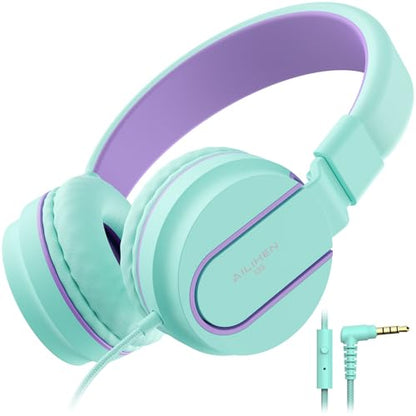 Kids Headphones, AILIHEN I35 On-Ear Headphones for School, 93dB HD Mic Stereo Headphone for Kid Girls Children, Foldable Wired 3.5mm for Chromebook, Laptop, Computer, Tablet (Green Purple) - color: Blue