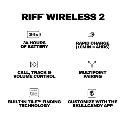 Skullcandy Riff Wireless 2 On-Ear Bluetooth Headphones, Up to 34 Hrs Battery, Foldable Lightweight Design, Convenient for Travel with Included 3.5mm AUX Cable, Microphone for iPhone Android - Black - color: True Black, style: Riff Wireless 2
