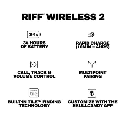 Skullcandy Riff Wireless 2 On-Ear Bluetooth Headphones, Up to 34 Hrs Battery, Foldable Lightweight Design, Convenient for Travel with Included 3.5mm AUX Cable, Microphone for iPhone Android - Black - color: True Black, style: Riff Wireless 2