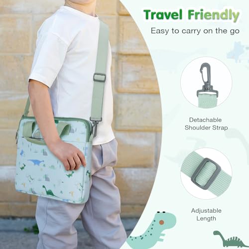 MoKo 10-12.5 Inch Kids Tablet Sleeve Carrying Case for Fire HD 10 13th/11th Gen, Fire HD 8/7 Kids 2022, Tablet Bag with Shoulder Strap for 10/10.1 Inch Android 12/13, Green Dinosaur - color: Green Dinosaur, style: 12.5 Inch