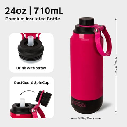GREYLOCK 32 oz Insulated Water Bottle with Straw Lid, Leakproof Reusable Stainless Steel Vacuum Flask, 24hr Cold & Hot, Carry Handle & Silicone Spout, BPA-Free for Gym, Hiking, Travel, Red - color: Raspberry Ridge, size: 32 Ounces