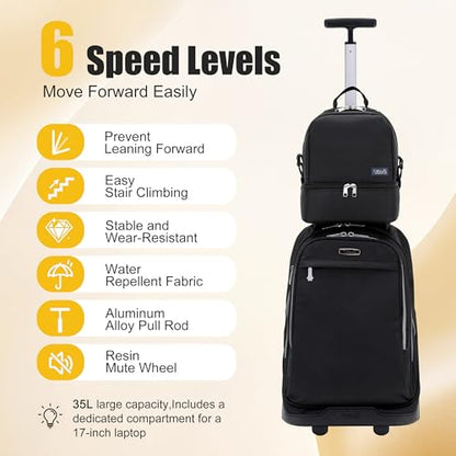 NEW TILAMI 19 Inch Rolling Backpack with Lunch Bag for Girls Boys Wheeled Laptop Backpack Durable Carry-on Bag School Travel, Black - color: Black