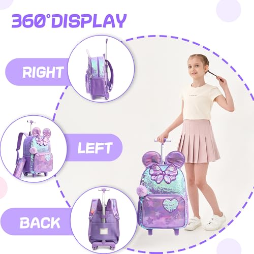 Cute Kids Rolling Backpack for Girls Backpack for School Roller Bookbags with Wheels Travel Students Bags,Purple Schoolbags - color: Purple