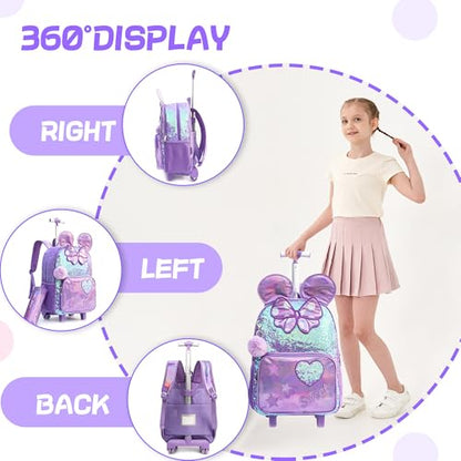 Cute Kids Rolling Backpack for Girls Backpack for School Roller Bookbags with Wheels Travel Students Bags,Purple Schoolbags - color: Purple