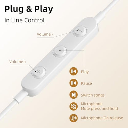 USB Earbuds with Microphone for PC Laptop Computer, 7.5FT White | Noise Isolating Computer Headset with Volume Control Stereo Bass Wired in Ear Earbuds for Gaming Zoom Meeting Office Worker