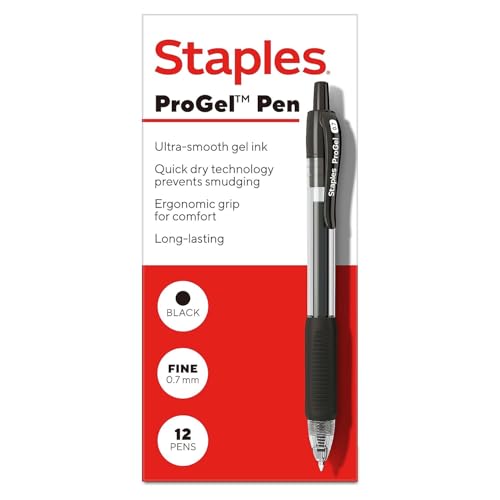 STAPLES Retractable Gel Pens, Fine Point 0.7mm, Black Ink, 12 Pack – ProGel Ergonomic Pens with Quick‑Dry Ink for Office & School - color: Black, size: 12 Pack, style: Fine Point