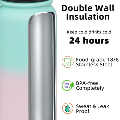 Fanhaw 20 oz Insulated Stainless Steel Water Bottle with Anti-Dust Chug Lid, Leakproof Vacuum Metal Everyday Use Bottle for Kids, Teens & Adults, Back to School Essentials (Green Pink) - color: Green Pink, style: 20 Ounces