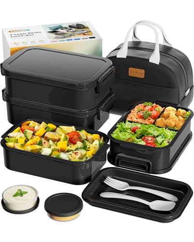 Adults Bento Box with Insulated Lunch Bag, 74oz Capacity 3 Stackable Leak-Proof Bento Box Built-In Utensil and Sauce, PFAS & BPA-Free, Microwave & Dishwasher Safe (Astral Black) - color: Astral Black