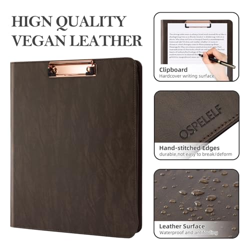 Ospelelf Zippered Portfolio Binder, Leather Clipboard Folder with Storage, 3 Ring Binder 1 Inch, 12.1” Tablet Sleeve, 5 Dividers with Pocket, Refillable Notepad, Card Slot (Brown) - color: Brown