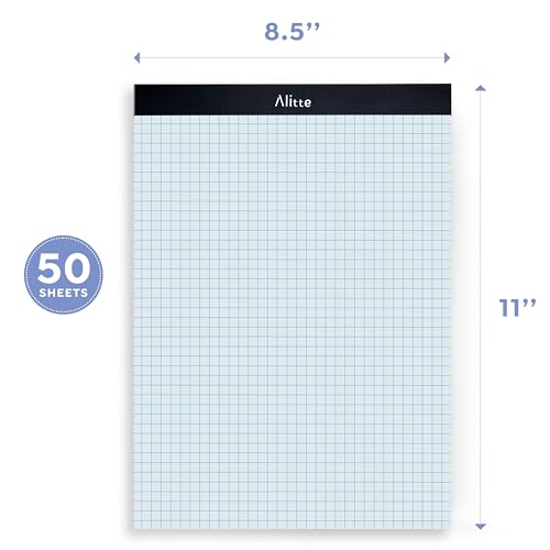 Alitte Graph Paper Pad, Pack of 3, White Letter Size - 4x4 Quad Grid Paper, With Blue Lines - Easy-Tear Perforations, 11x8.5 Cardboard Backing - Graph Notepads for School, Office -50 Sheets per Pad - size: 4x4 sq/in 3 Pack