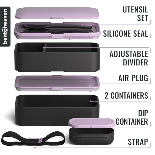 Bentoheaven Bento Box Adult, Stackable Lunch Box, 40 oz, Violet Me Go | BPA-free, leakproof and microwave-safe with 2 compartments, utensils, chopsticks, divider and sauce cup for men and women. - color: Violet Me Go