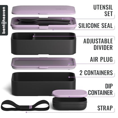 Bentoheaven Bento Box Adult, Stackable Lunch Box, 40 oz, Violet Me Go | BPA-free, leakproof and microwave-safe with 2 compartments, utensils, chopsticks, divider and sauce cup for men and women. - color: Violet Me Go