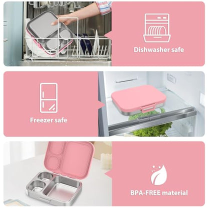 Pawtong Stainless Steel Bento Lunch Box for Kids | 3-Compartment Lunch Box Container Kids | 100% Leakproof, Eco-Friendly, Perfect Portion Control for Kids&Adult Healthy Meals (Pink) - color: Pink