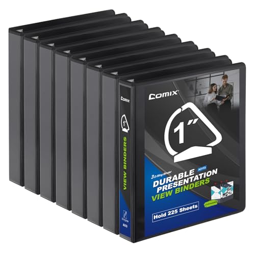 Comix Sturdy 3-Ring-Binder 1-inch D Ring Binders, 2.4mm-Thick, Hold 225 Sheets of 8.5" x 11" Paper, 8 Pack (Black) - color: Black, size: 1-Inch, style: 8 Pack