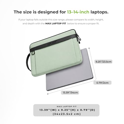 Acer Laptop Sleeve Case for 13.3-14 inch Laptops, Slim Protective Computer Sleeve with Hidden Zipper Pocket, Soft Plush Bubble Padding, Side Handle and Luggage Strap, Travel Laptop Bag, Green | Slim, Soft Bubble Padding, Extra Front Storage, Wrist Strap,