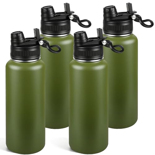 40oz Insulated Stainless Steel Water Bottle Bulk 2-in-1 Leak-Proof Sip & Straw Lid with Handle, Double Wall Vacuum Insulated Travel Mug for Sports, Commute, Office, Army Green, 4 Pack - color: Army Green, size: 40oz-4pack