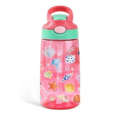 Seashell 14oz Water Bottle with Straw – Leakproof BPA-Free Plastic Pop-Up Spout, Reusable Leak-Proof Travel Bottle for Outdoor Sports - color: Seashell1