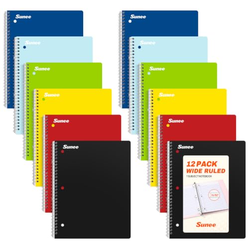 SUNEE Spiral Notebooks, 1-Subject, 12 Pack, Wide Ruled Paper, 8" x 10-1/2", 70 Sheets per Notebook, 3-Hole Punched Paper, Spiral Lined Notebooks for School, Work, Classic Colors