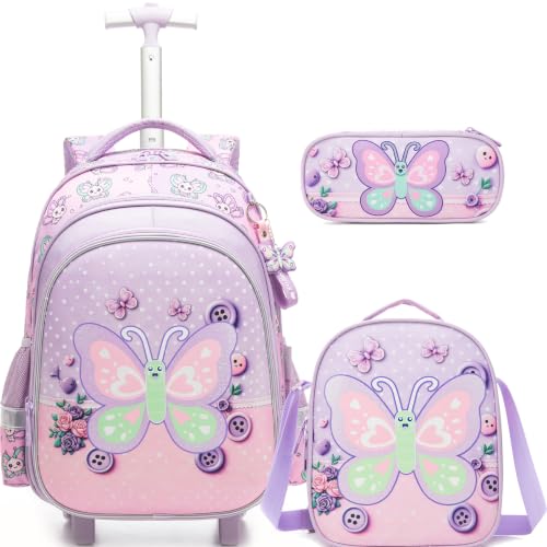 Meetbelify Rolling Backpack for Girls Butterfly Backpack with Wheels Kids Purple Roller Suitcase Travel Luggage for Elementary Student Ages 6-8 - color: Butterfly