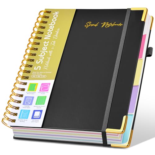Hardcover Spiral Notebooks for Work, 5 Subject Notebook College Ruled with Dividers Tabs, Lined Organizer Notebook Journal for Women, 240 Pages Small A5 Notebooks for School Note Taking, 5x7 Black - color: Paper-black, size: A5（6.2" x 8.2"）