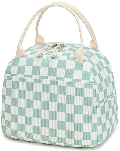 Bluboon Lunch Bag for Women Men Cute Corduroy Lunch Tote Bags Reusable Insulated Lunch Box Large Capacity Reusable Insulated Cooler for Work Picnic or Travel - color: Corduroy Mint green-white grids, size: Medium (10L)
