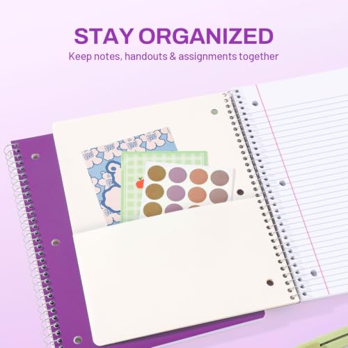 SUNEE Spiral Notebook, 1-Subject, College Ruled Paper, 8" x 10-1/2", 100 Sheets per Notebook, 3-Hole Punched Paper, Water Resistant Cover, Double-sided Pockets, Dark Purple - color: Dark Purple