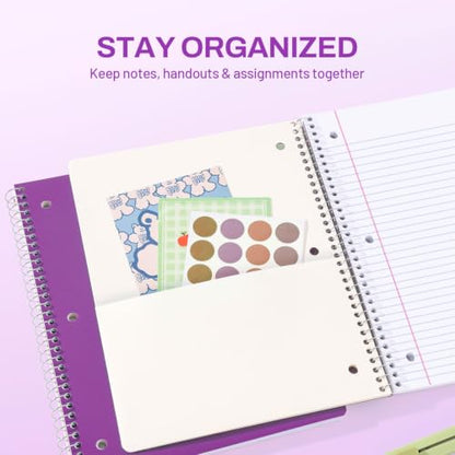 SUNEE Spiral Notebook, 1-Subject, College Ruled Paper, 8" x 10-1/2", 100 Sheets per Notebook, 3-Hole Punched Paper, Water Resistant Cover, Double-sided Pockets, Dark Purple - color: Dark Purple