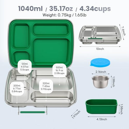 Stainless Steel Bento Box for Kids, Kids Lunch Box with 4-Compartment, Metal Lunch Box with Silicone Container & Sauce Cup, Durable Lunch Box Containers for School and Office(Green) - color: Green