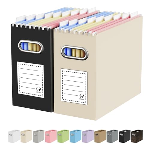 Oterri Portable Collapsible Cardboard File Box with Handle for Letter-Size | 2-Pack. Stainless Steel Handle. Label Stickers Included. Fits Letter Folders (Not Included). Home, Office, School, Dorm, Tax. - color: Black+Beige, size: Letter Size - 2 Packs