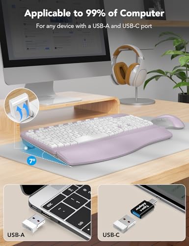 SABLUTE Wireless Keyboard and Mouse Combo with Ergonomic Wave Key | Leather Soft Palm Rest, 2.4G Full Size, 6-Button Mouse, 4-Level DPI, USB-A/C, MA12 Set for PC, Laptop, Windows, Mac (Purple) - color: Lavender Purple