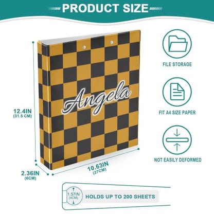 Custom 3 Ring Binder 1.5 Inch Round Rings Black Orange Checkered Personalized Name Binders Organizer Fashion View Binder with 2 Pockets for School Office Supplies - color: Multi01