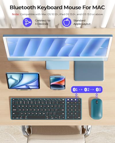 seenda SKM64-2 Bluetooth Keyboard and Mouse Combo for Mac, MacBook and iPad | 3-device Bluetooth switching, rechargeable, quiet keys/clicks, compact slim design for office and home use, Black & Blue - color: Black & Blue