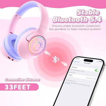 Kids Bluetooth Headphones, 85H Playtime Wireless Headphones for Kids, Colorful LED Lights, 85/94dB Safe Volume Limit, Bluetooth 5.4 Built-in Mic Toddler Headset for Tablet/Airplane/Travel (Pink) - color: Pink