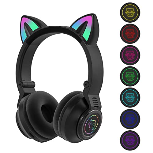 Cat Ear Bluetooth Headphones for Kids & Adults, Wireless Foldable & Wired Multi-Function LED Light Up Over Ear Headphones with Mic and Volume Control for iPhone/iPad/Laptop/PC (Black) - color: Black