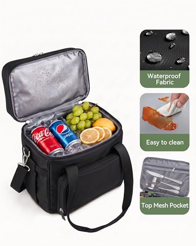 HOMESPON Double Layer Lunch Bag for Women Men, 14L Large Insulated Lunch Box with Shoulder Strap, Expandable Cooler Tote with Cup Holder for Work Office Picnic, Black - color: Black