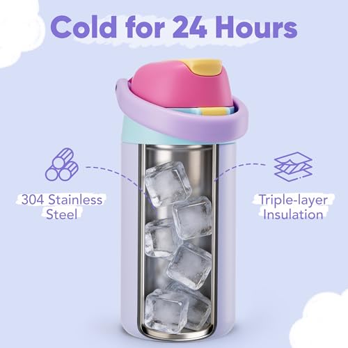 Fijinhom 12 oz Toddler Water Bottle with 2-in-1 Lid, 304 Stainless Steel Insulated Bottle, Kids Water Bottle for School Boys Girls, Leak-Proof Great for Sport, Travel & Gift, Rainbow - color: Rainbow