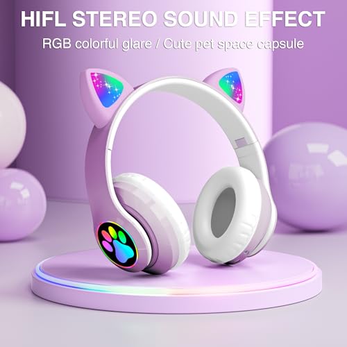 Kids Cat Ear Bluetooth Headphones, LED Light, Mic, Foldable | Foldable Cat Headphone, LED Light Up Ear, Cat Ear Headphones for Toddler, Microphone/TF Card - color: Purple