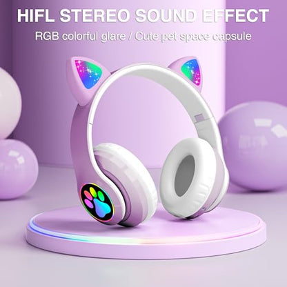Kids Cat Ear Bluetooth Headphones, LED Light, Mic, Foldable | Foldable Cat Headphone, LED Light Up Ear, Cat Ear Headphones for Toddler, Microphone/TF Card - color: Purple